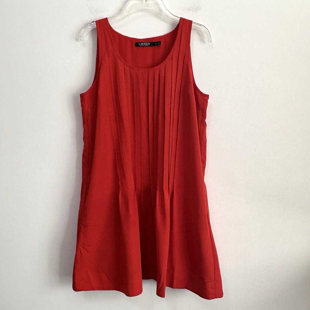 Ralph Lauren Sleeveless Shift Dress 10 Petite Orange Short Classic Party Pintuck